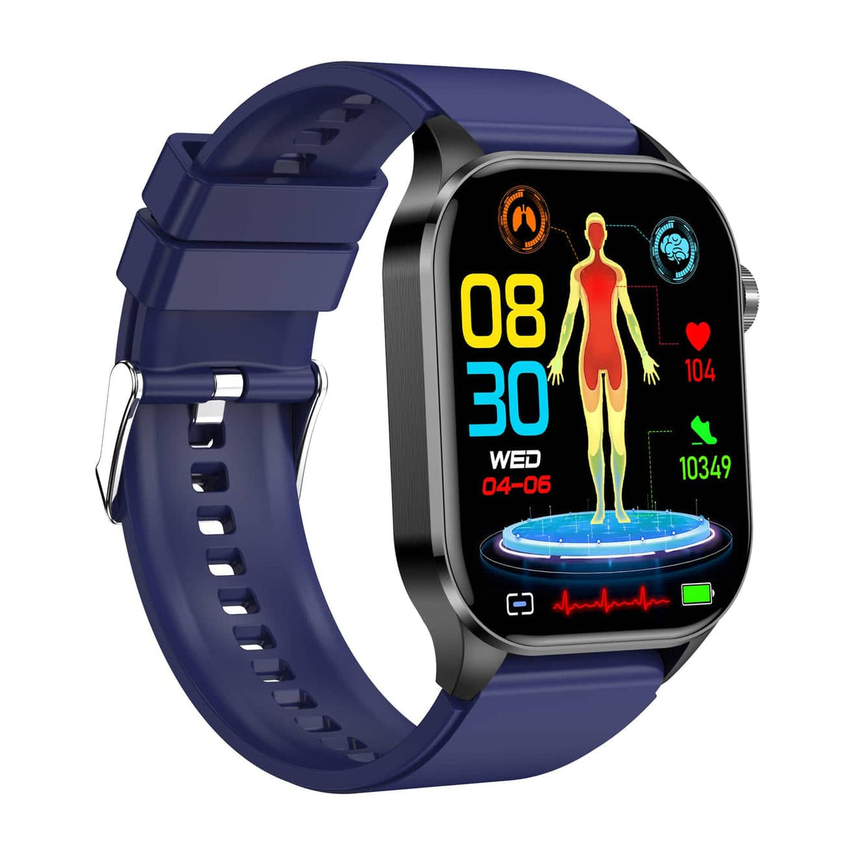 Kompaktowy smartwatch z ekranem dotykowym do monitorowania zdrowia, z funkcjami EKG i pomiaru ciśnienia krwi