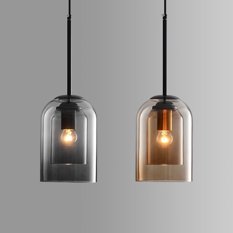 Żelazna lampa wisząca z podwójnym szklanym kloszem w stylu mid-century