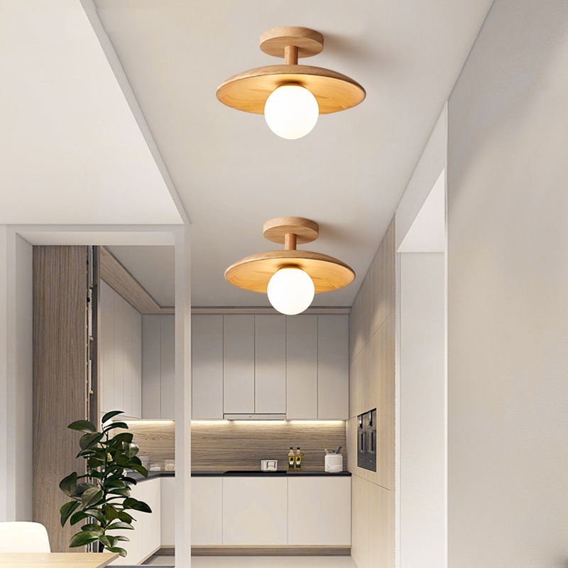 Minimalistyczna sufitowa lampa z drewna, żelaza i akrylu inspirowana stylem japońskim