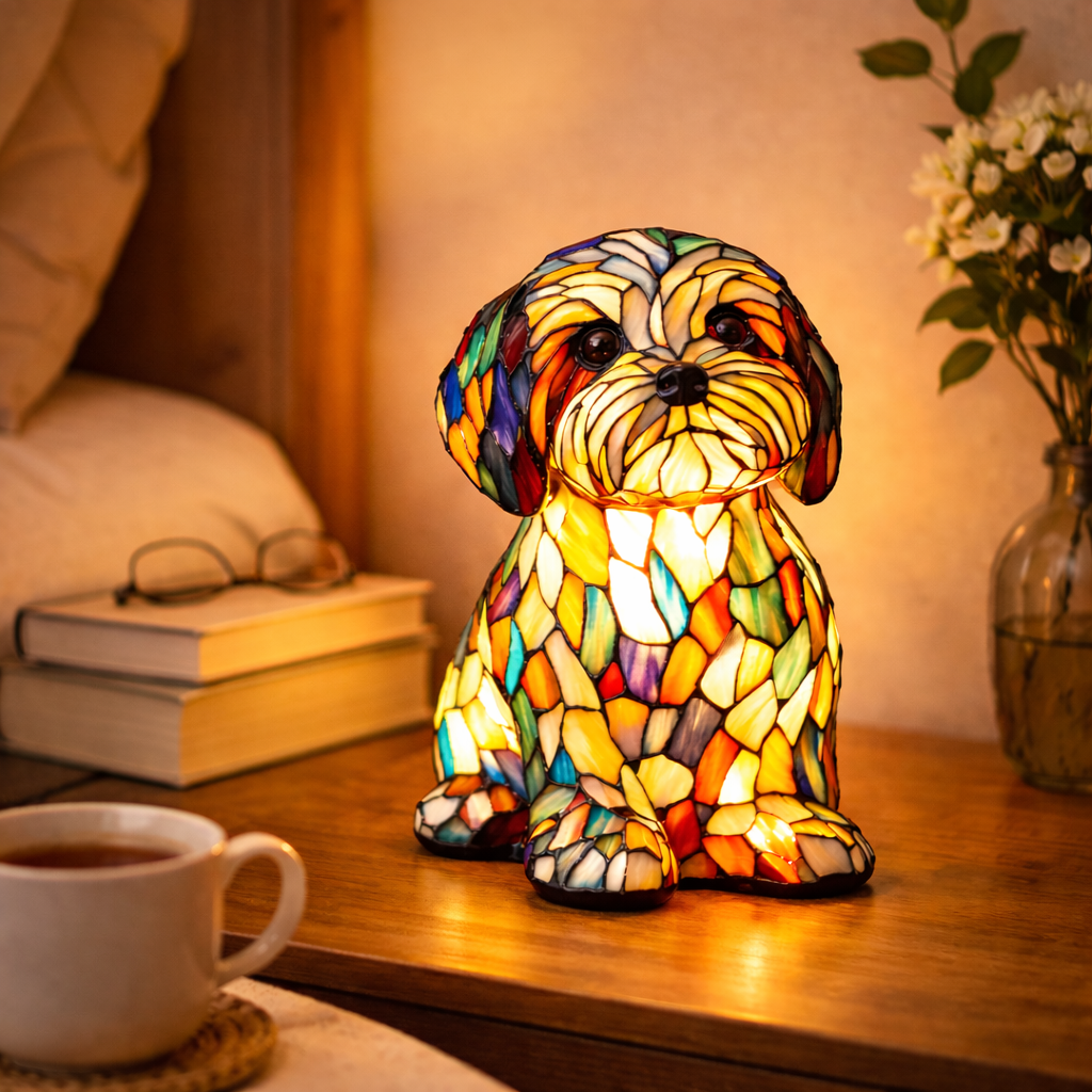 Lampa stołowa z mozaikowym wzorem psa w stylu witrażu