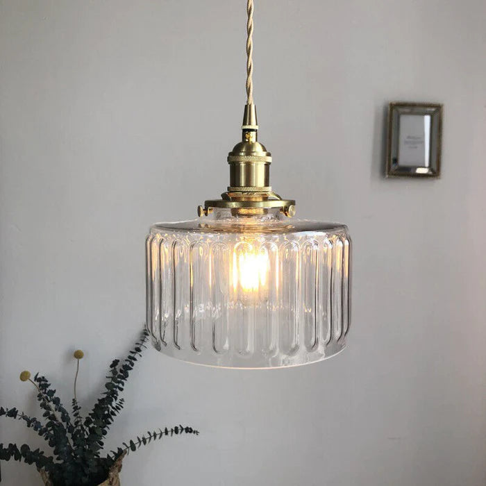 Vintage kryształowa lampa wisząca z cylindrycznym szklanym kloszem i regulacją wysokości