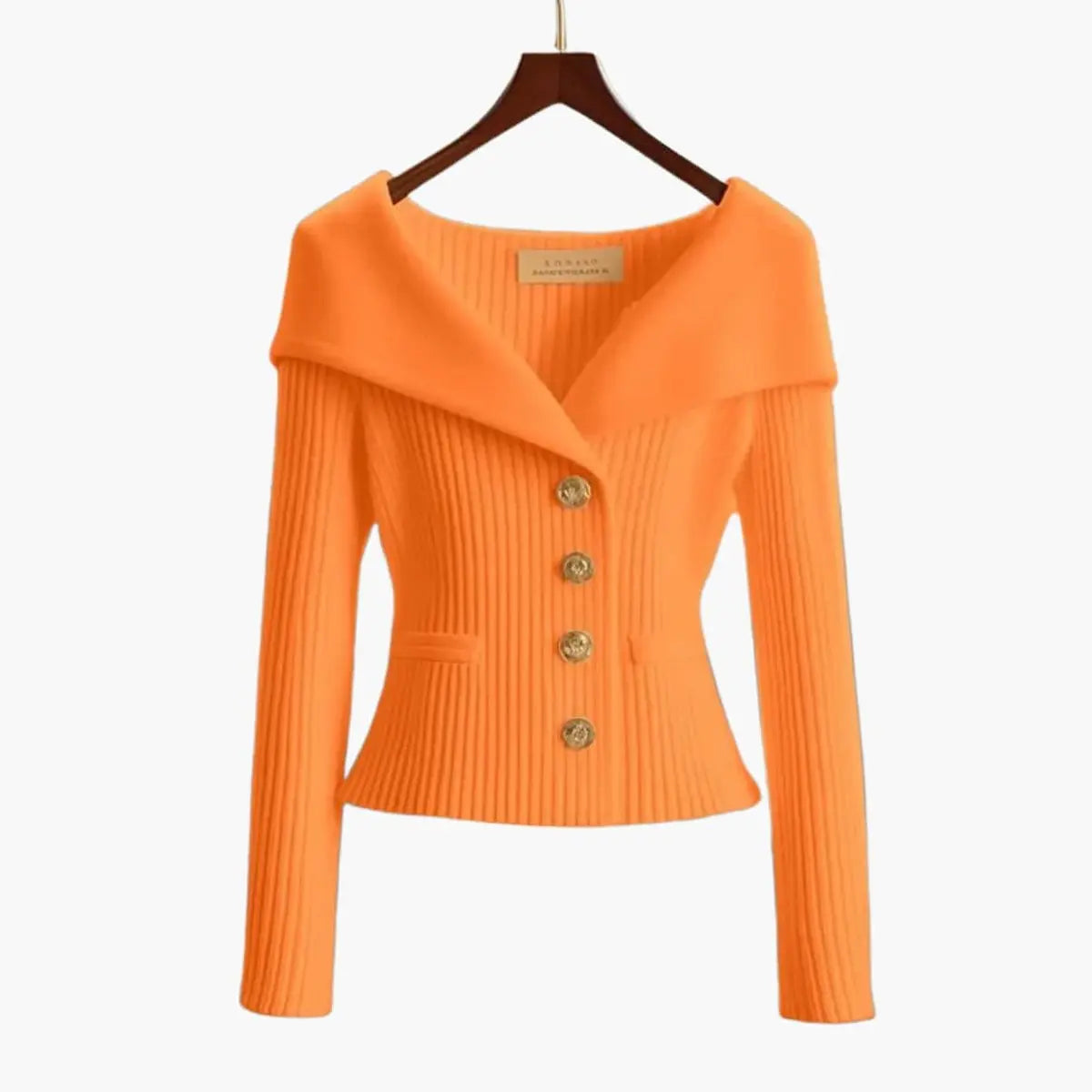 Damski kardigan z prążkowanej dzianiny, z odkrytymi ramionami i zapięciem na guziki