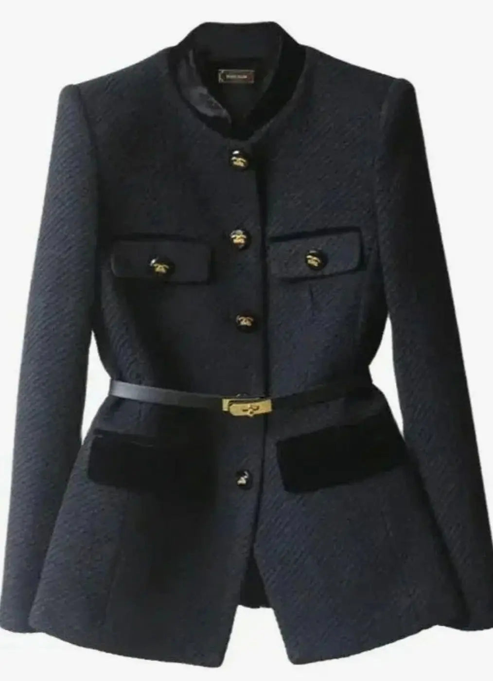 Damski elegancki płaszcz tweedowy z paskiem i guzikami w stylu militarnym