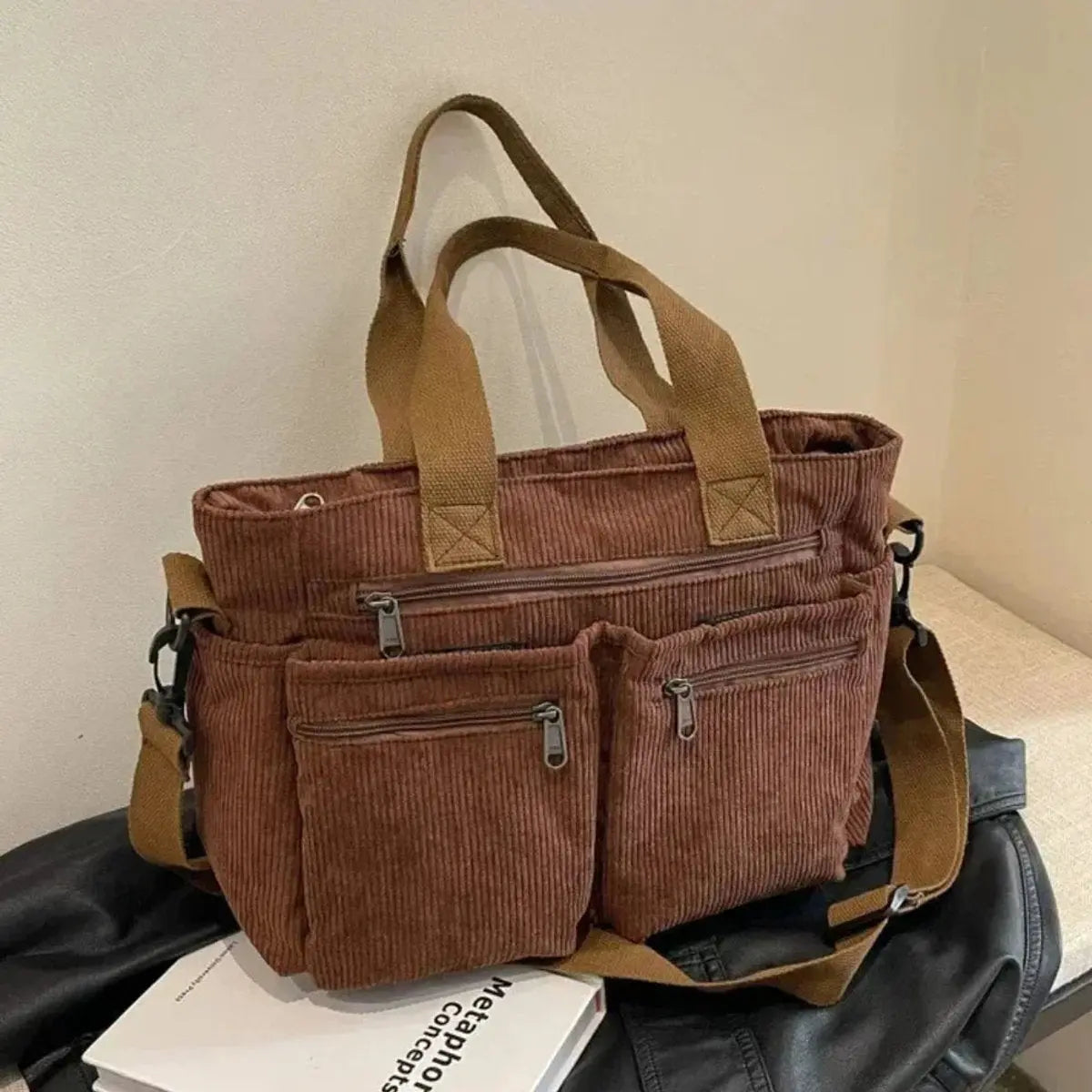 Damska sztruksowa torba shopper z wieloma kieszeniami na ramię