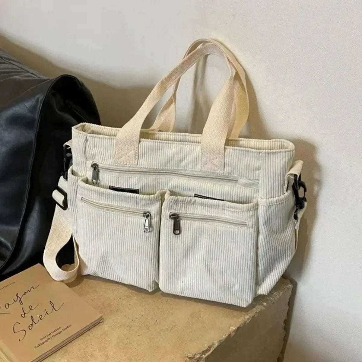 Damska sztruksowa torba shopper z wieloma kieszeniami na ramię