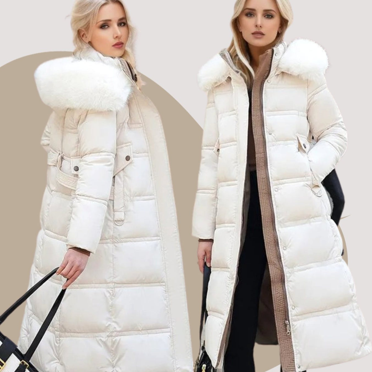 Damska designerska długa puchowa parka zimowa z futrzanym kapturem