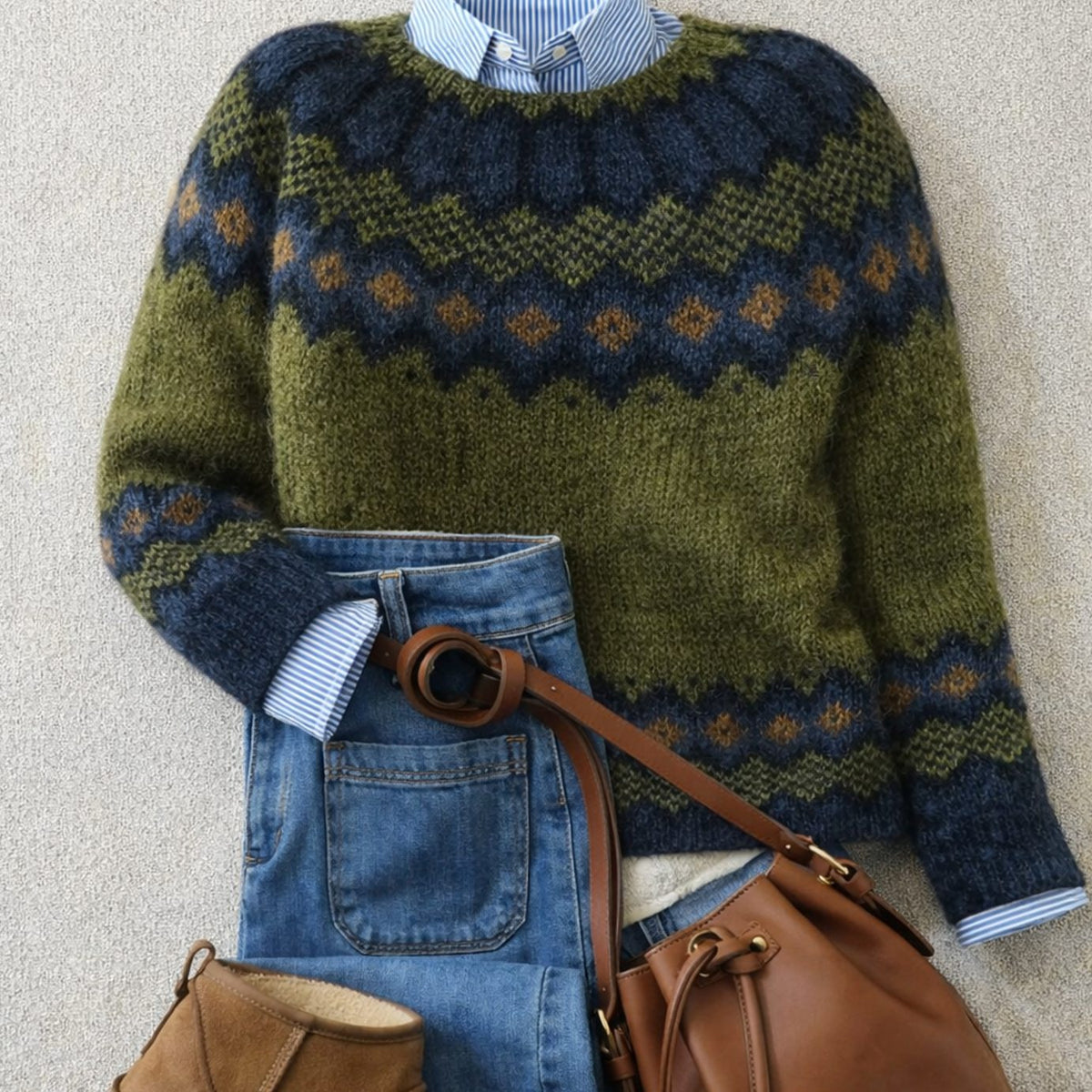 Damski dzianinowy sweter w nordycki wzór Fair Isle, z okrągłym dekoltem