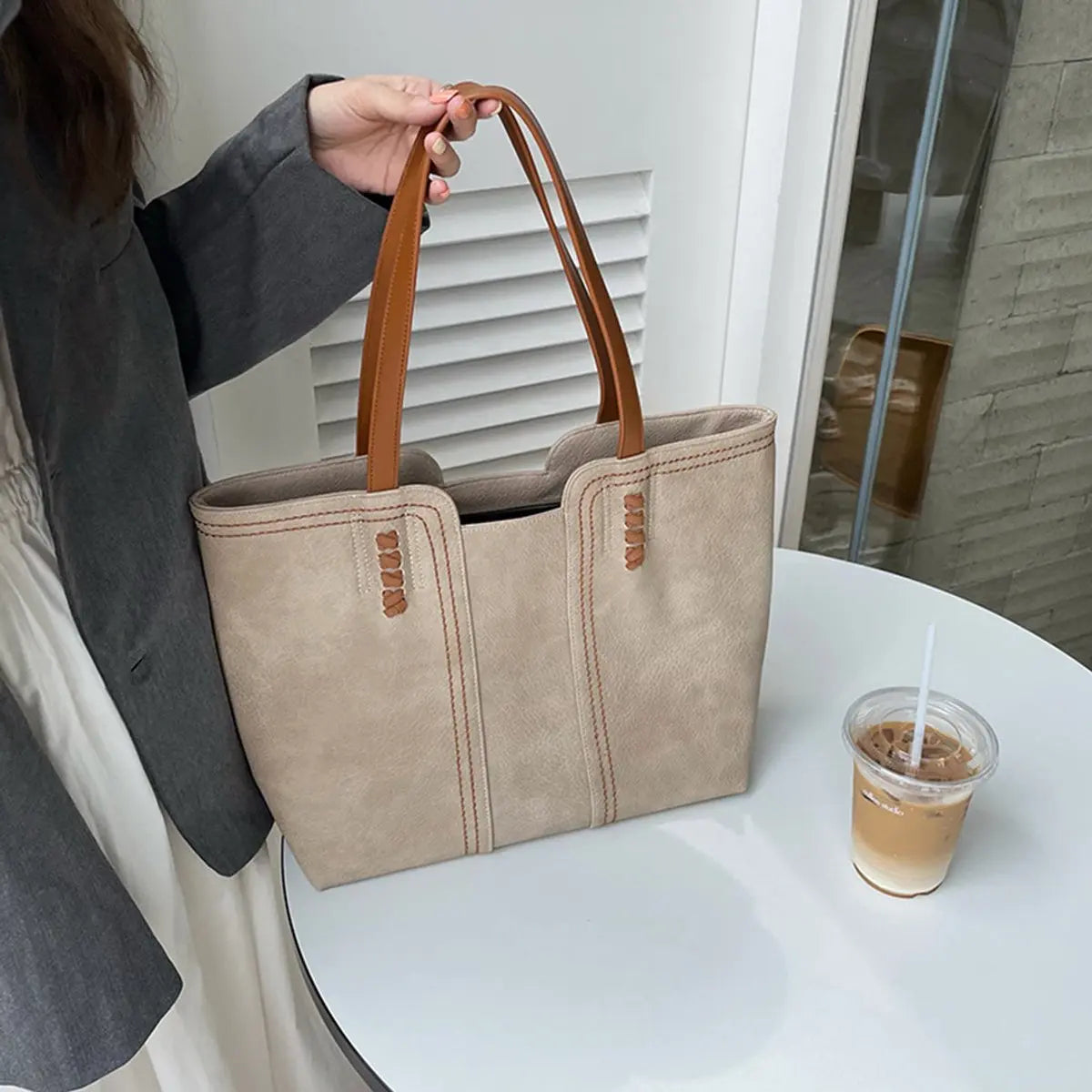 Damska minimalistyczna duża torba shopper ze sztucznej skóry