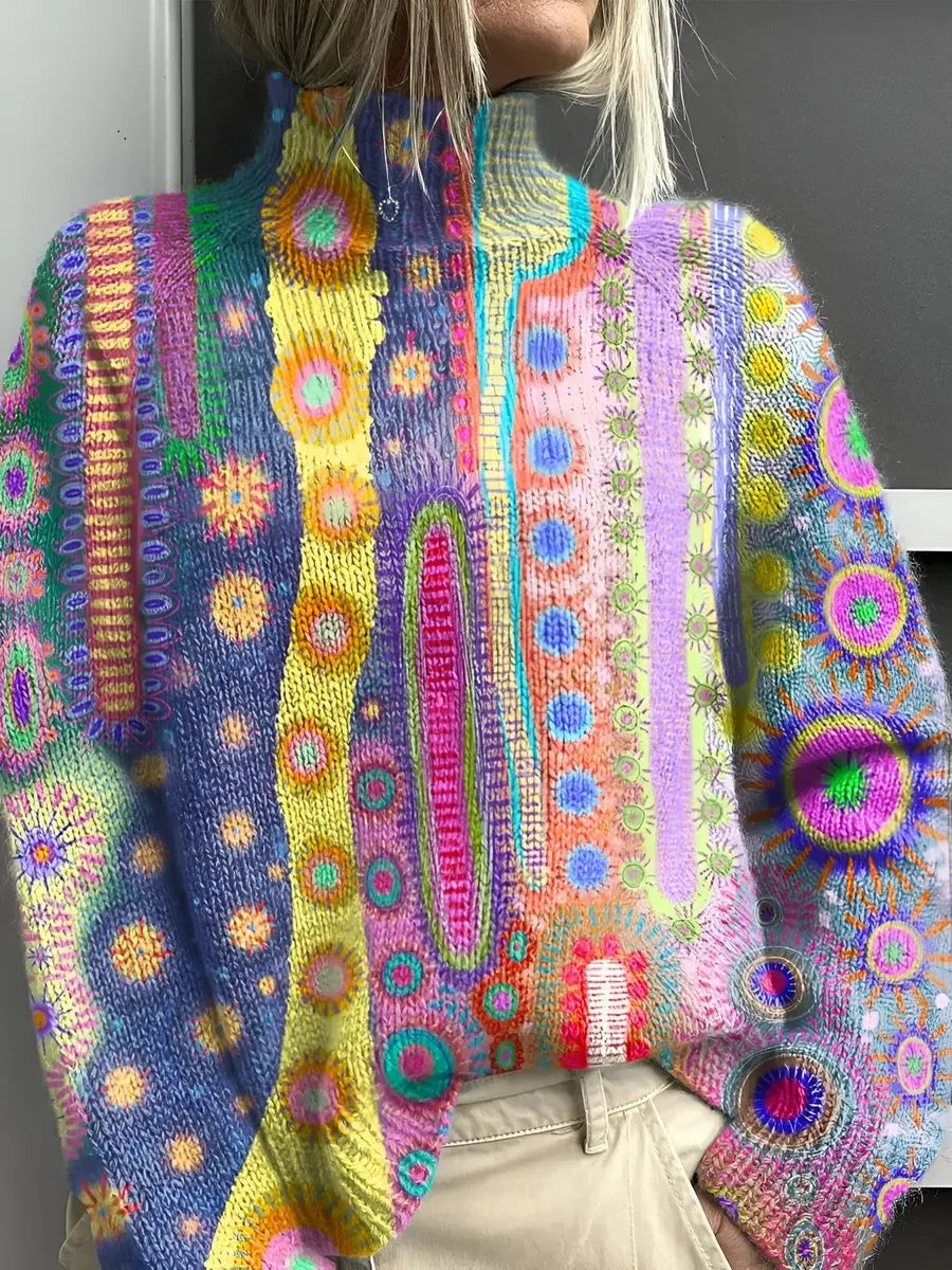 Damski wielokolorowy dzianinowy sweter z golfem i abstrakcyjnym wzorem