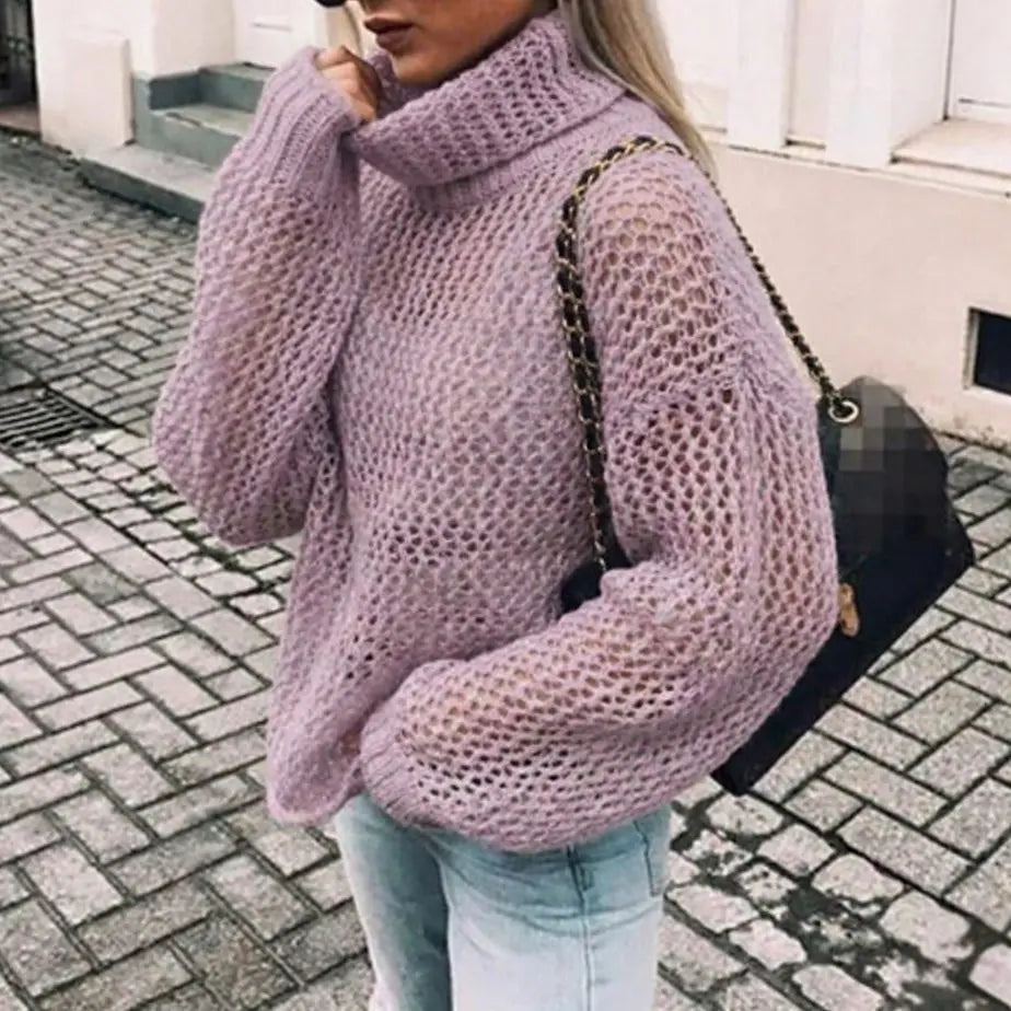 Damski oversize’owy gruby sweter z dzianiny z golfem i rękawami balonowymi