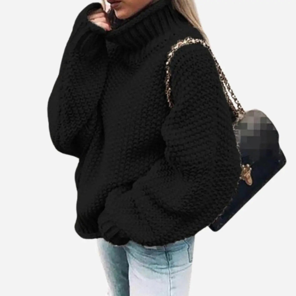 Damski oversize’owy gruby sweter z dzianiny z golfem