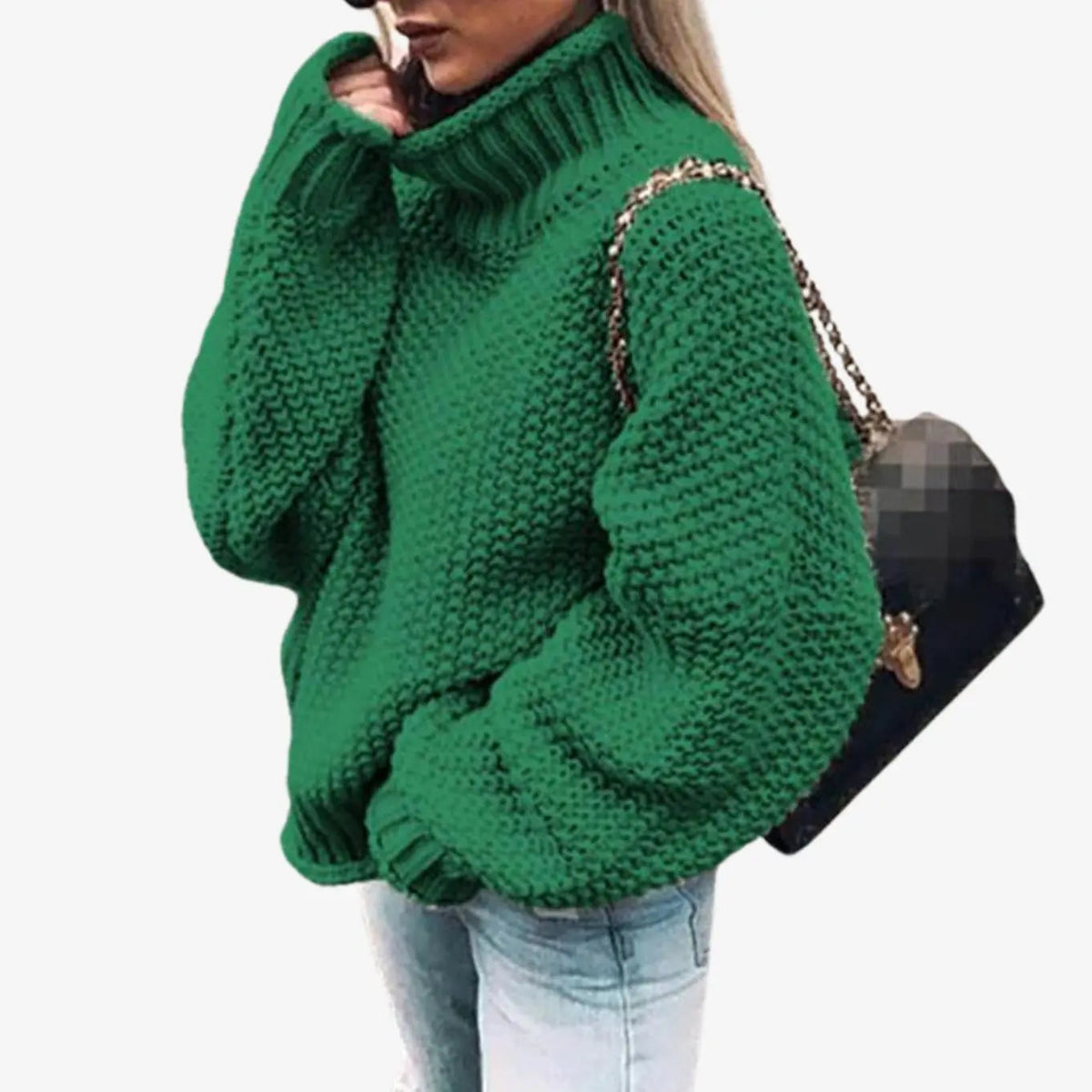 Damski oversize’owy gruby sweter z dzianiny z golfem