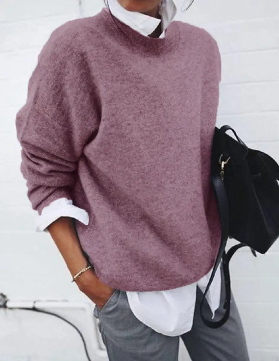 Damski oversize’owy miękki sweter z dzianiny z okrągłym dekoltem