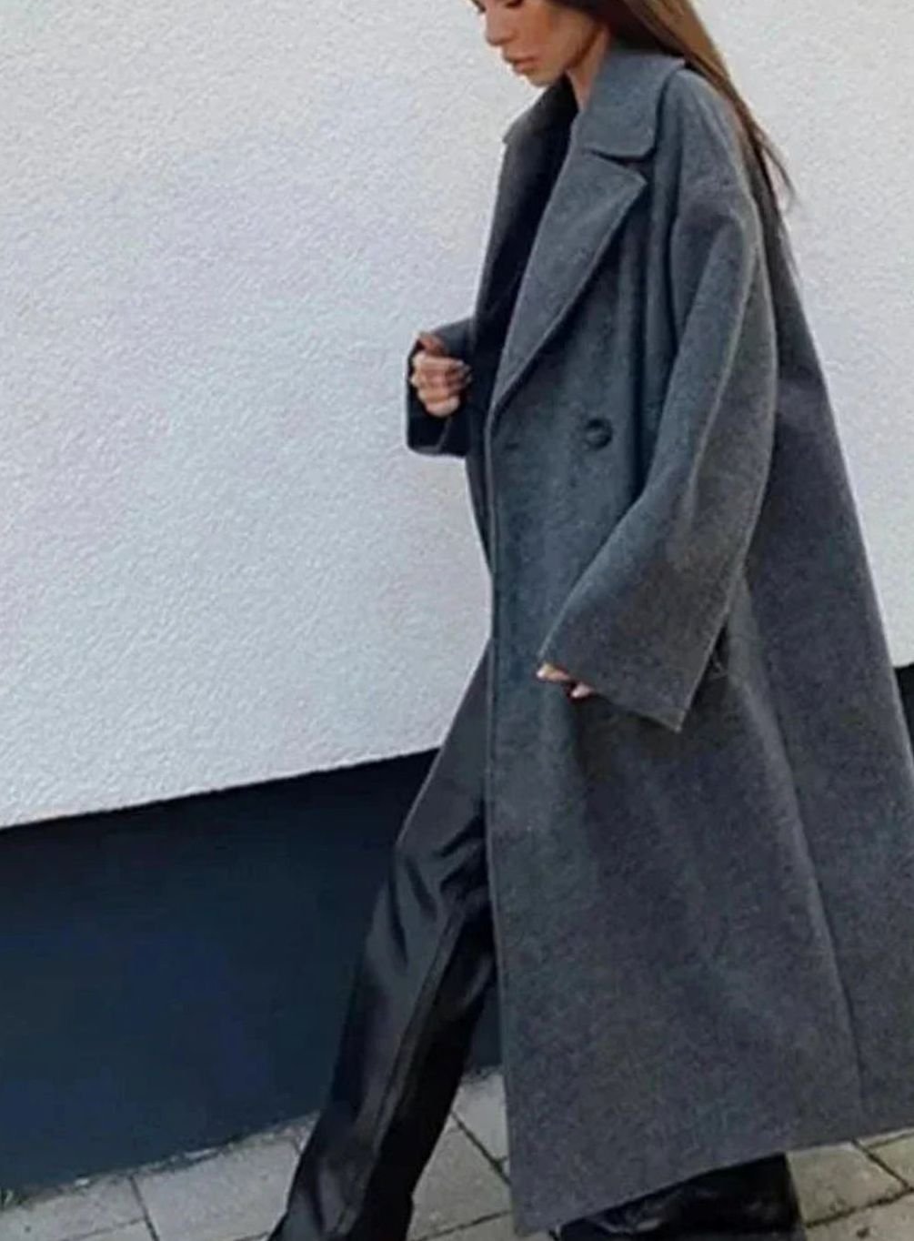 Damski oversize’owy długi płaszcz wełniany, dwurzędowy