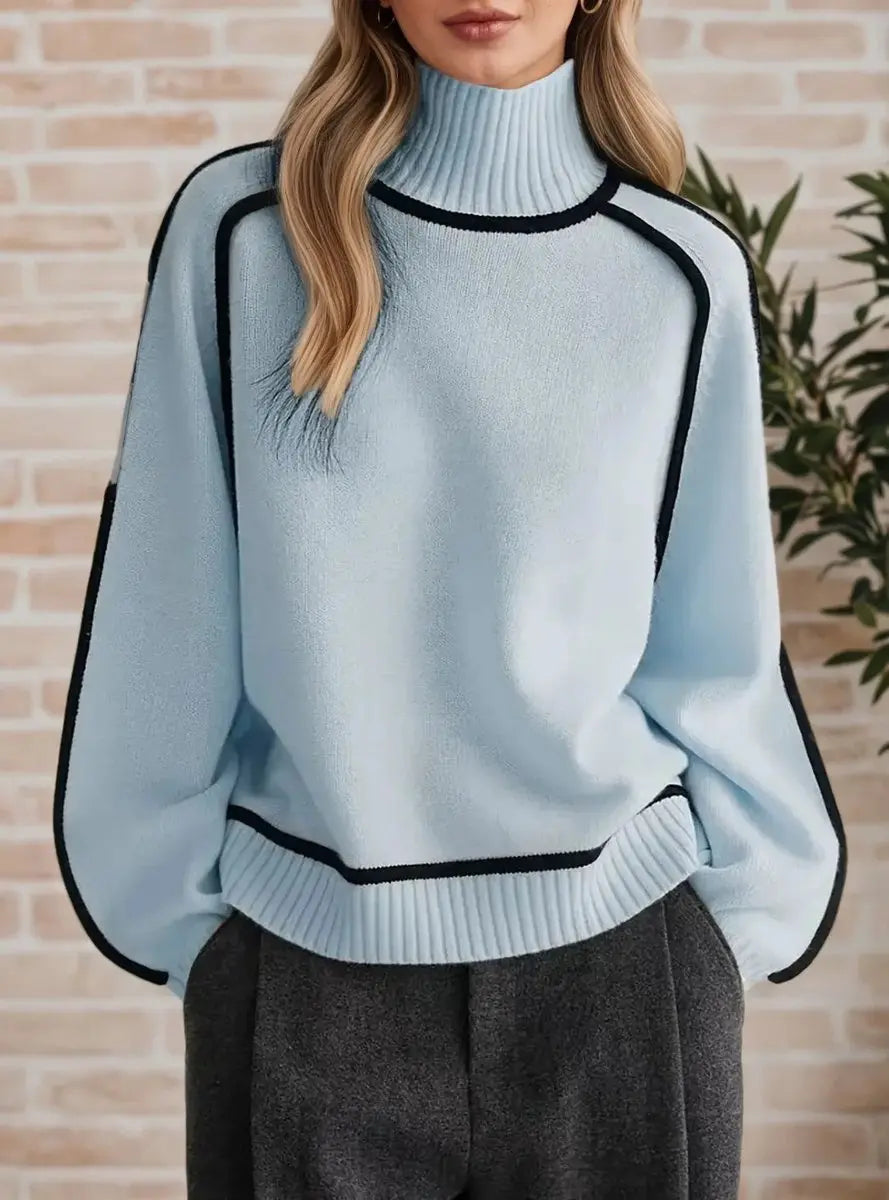Damski oversize’owy dzianinowy sweter z golfem i kontrastowymi pasami