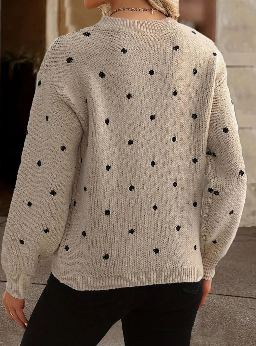 Damski sweter z dzianiny w kropki, z okrągłym dekoltem i długimi rękawami