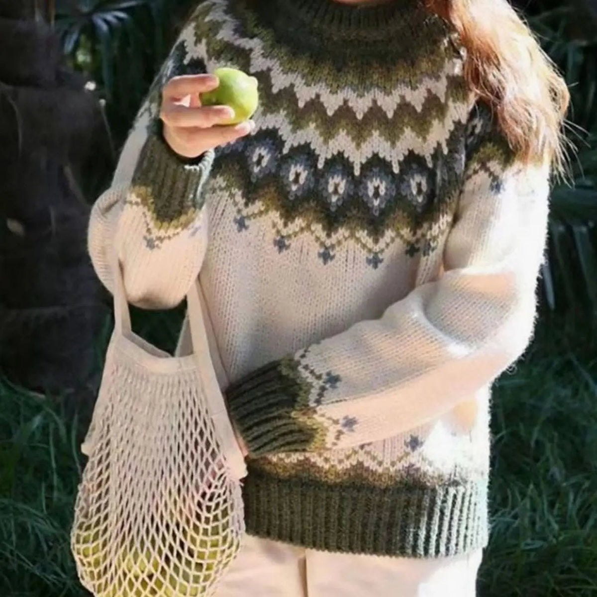 Damski luźny sweter z dzianiny z nordyckim wzorem Fair Isle