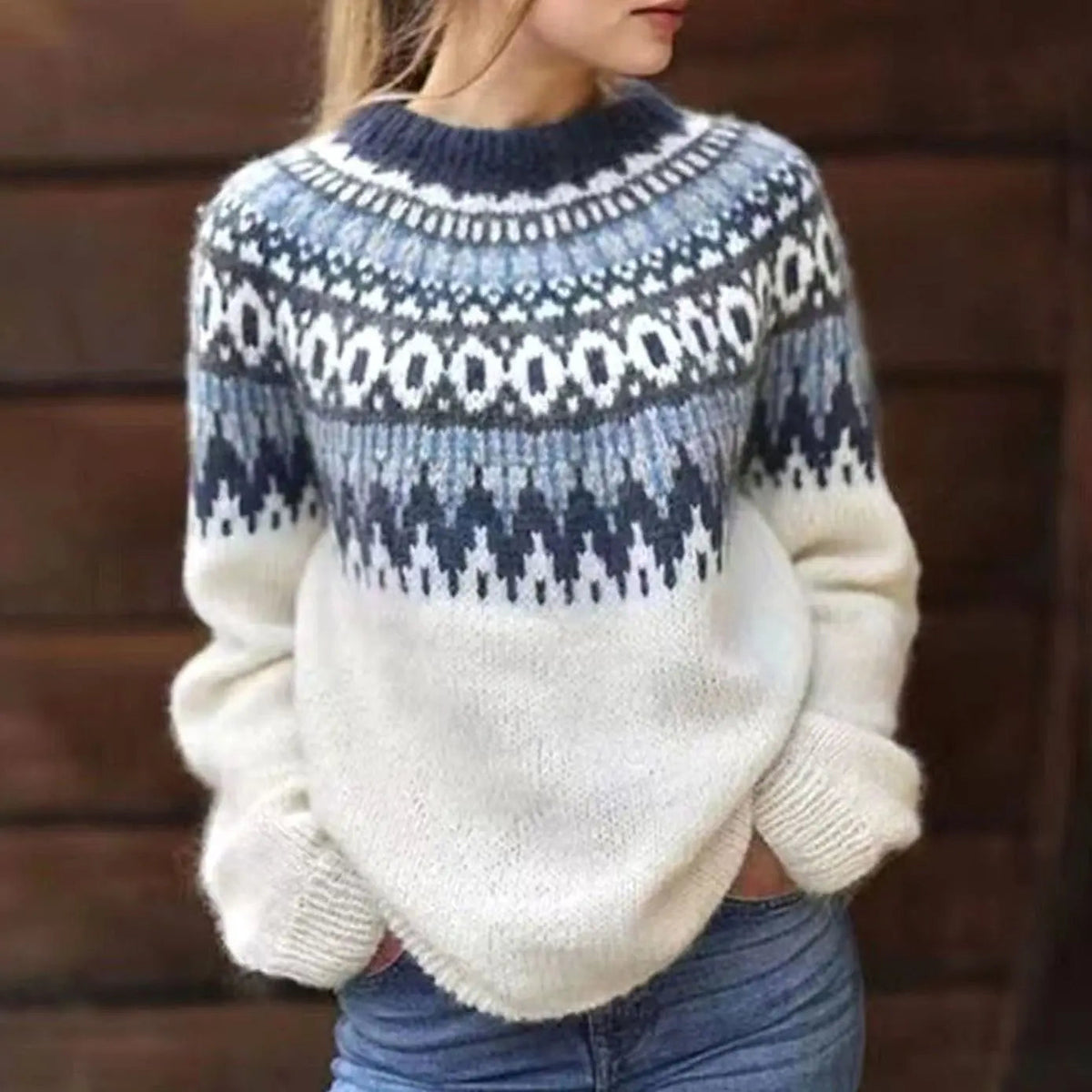 Damski luźny sweter z dzianiny z nordyckim wzorem Fair Isle