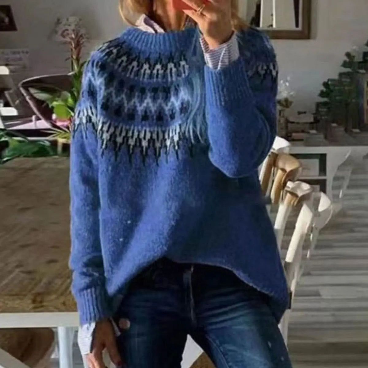 Damski luźny sweter z dzianiny z nordyckim wzorem Fair Isle