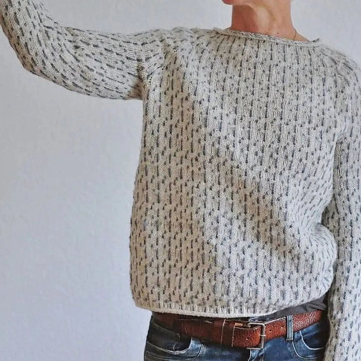 Damski luźny teksturowany sweter z dzianiny z okrągłym dekoltem