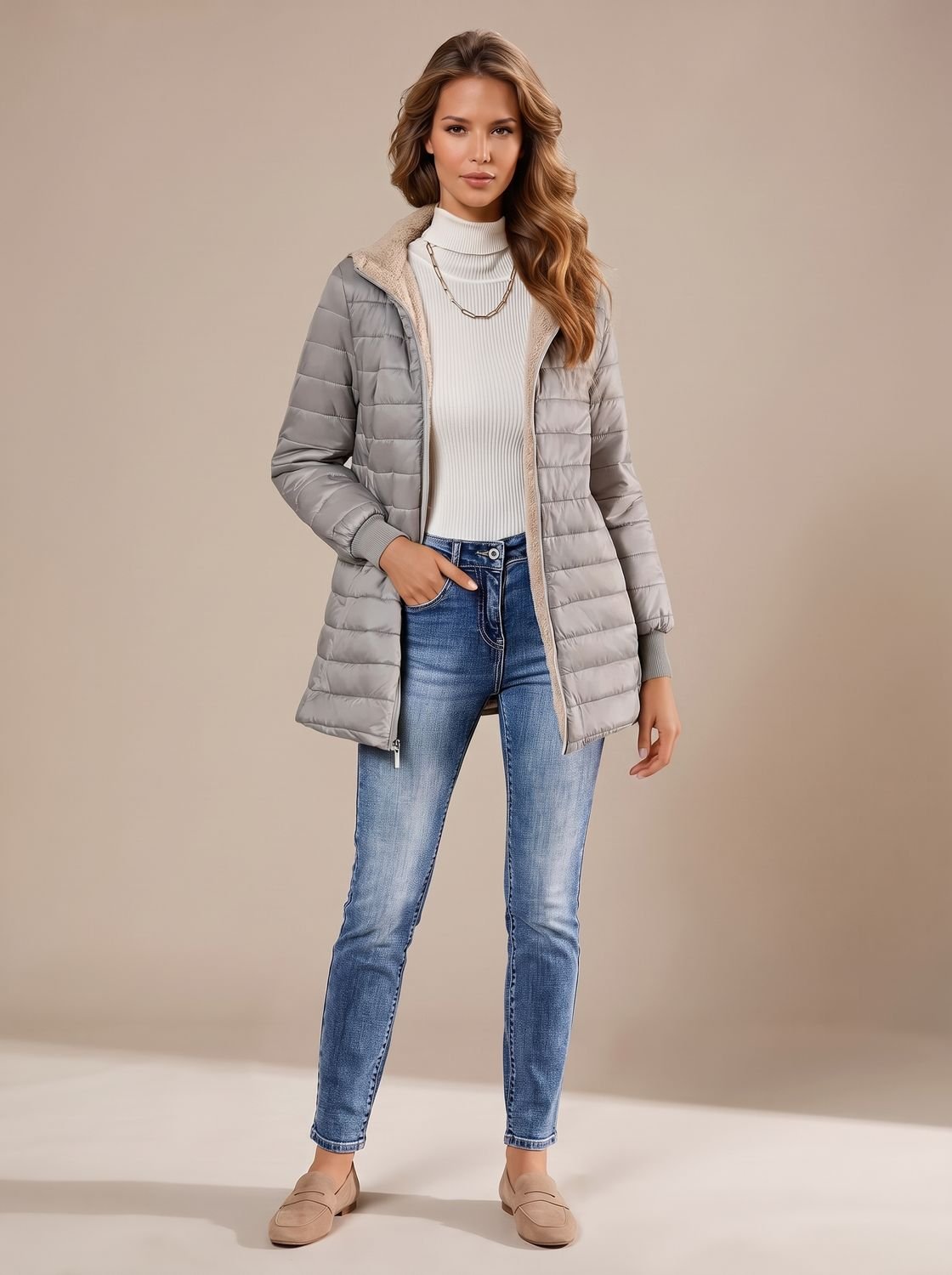 Willow | Damski pikowany płaszcz zimowy z kapturem i podszewką z kożuszka