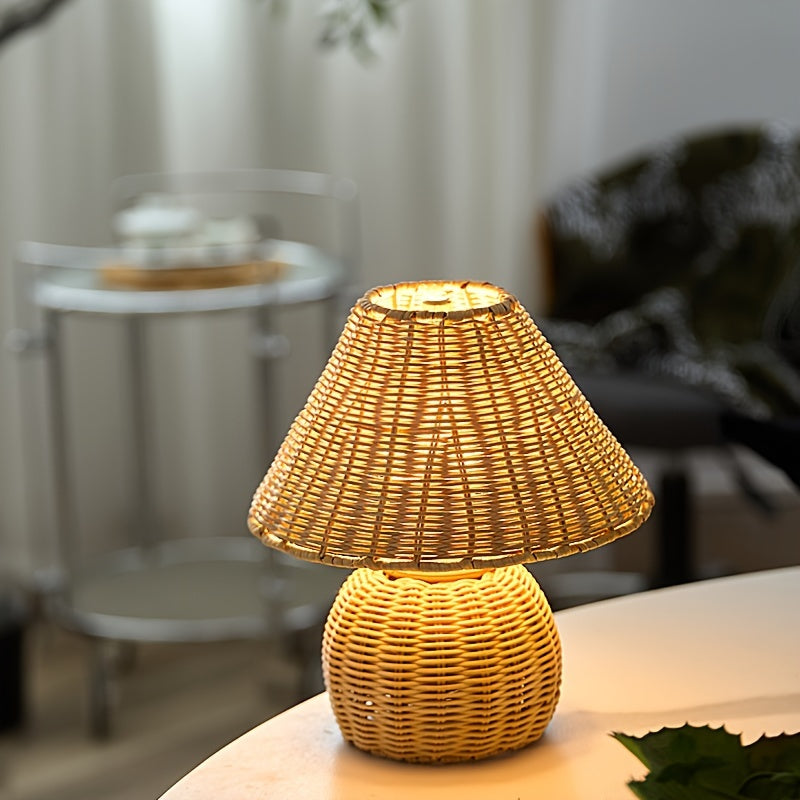 Ręcznie wyplatana rustykalna lampa stołowa z bambusowej plecionki w stylu zen boho