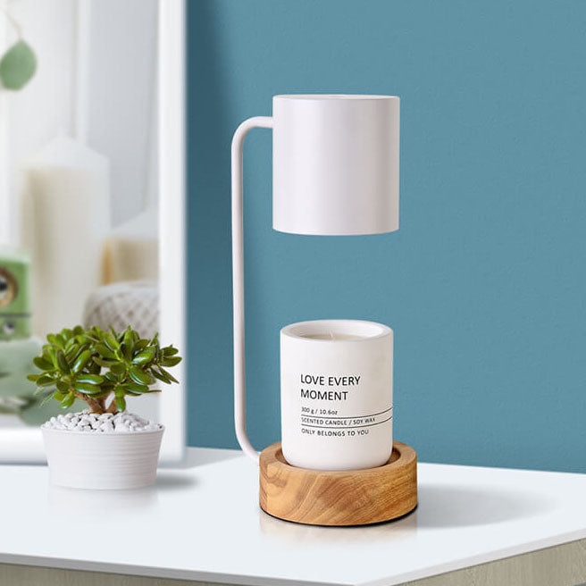 Japońska minimalistyczna lampa stołowa z drewna i metalu, podgrzewacz do świec