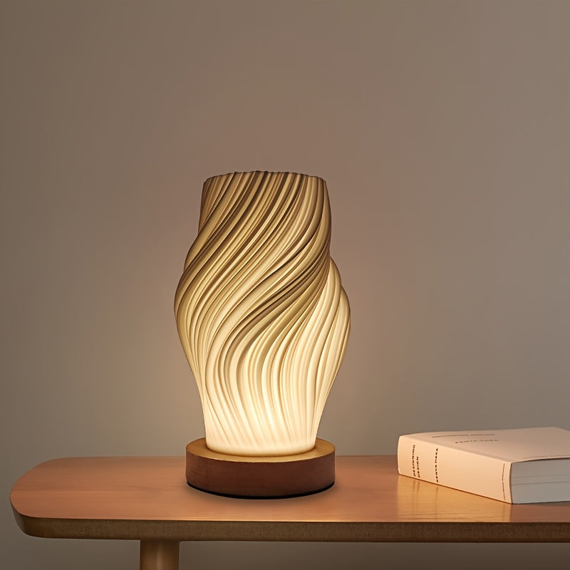 Rzeźbiarska lampa stołowa na biurko lub stolik nocny z falą w kształcie spirali i regulacją jasności