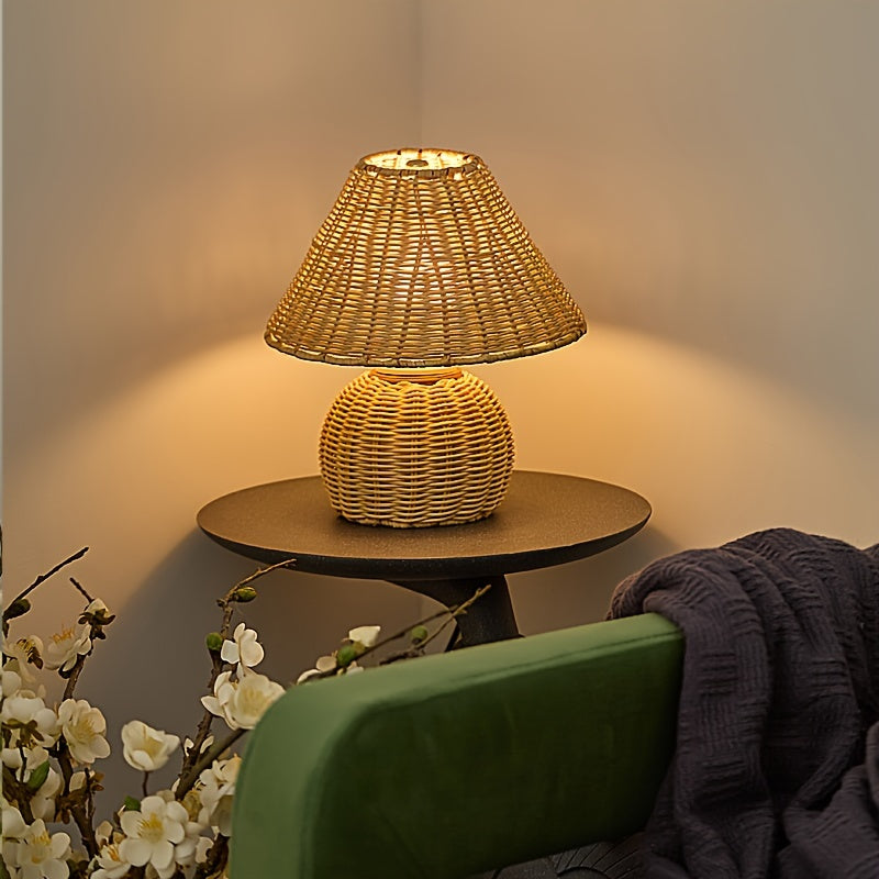 Ręcznie wyplatana rustykalna lampa stołowa z bambusowej plecionki w stylu zen boho