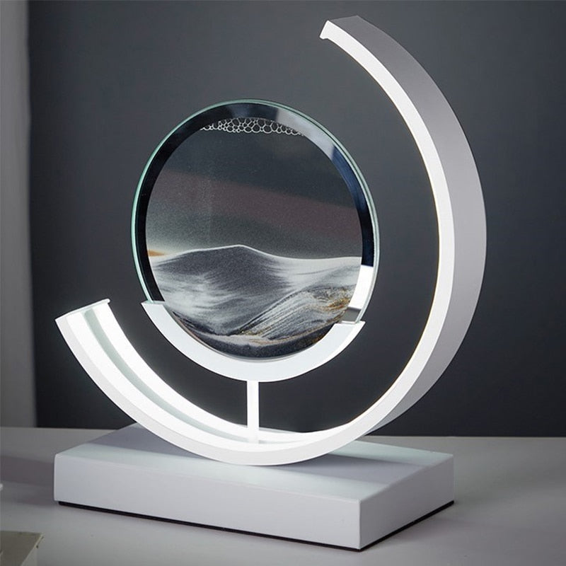 Dynamiczna lampa stołowa z obracającą się akrylową obudową i ruchomą sztuką piaskową 3D