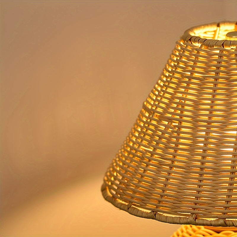 Ręcznie wyplatana rustykalna lampa stołowa z bambusowej plecionki w stylu zen boho