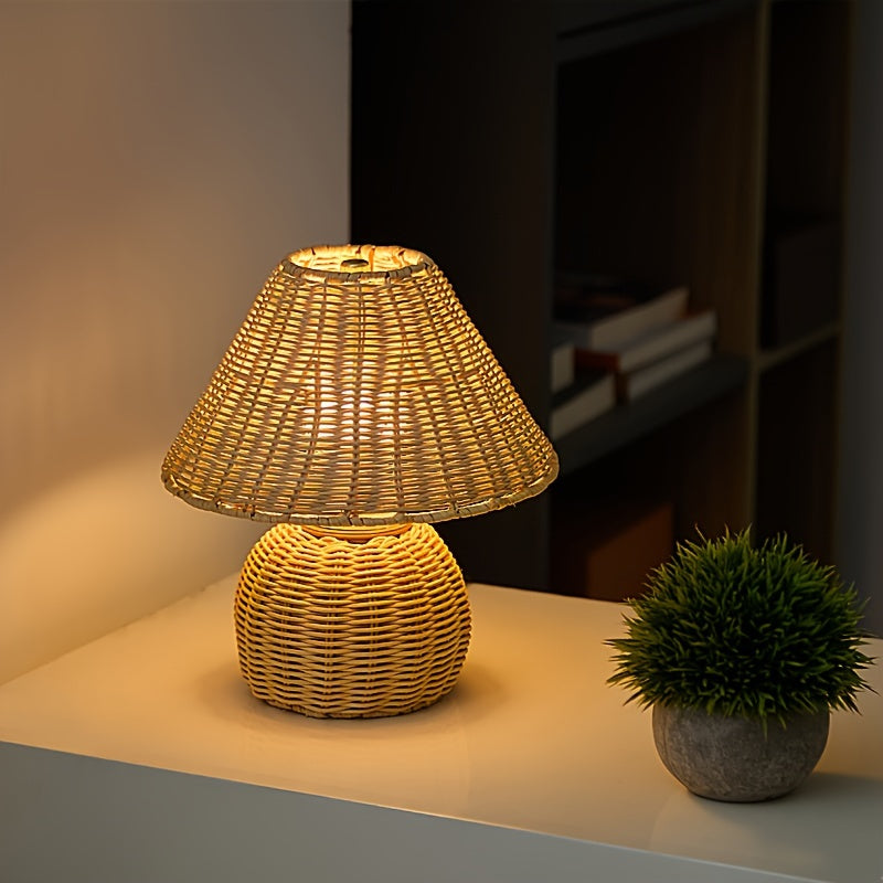 Ręcznie wyplatana rustykalna lampa stołowa z bambusowej plecionki w stylu zen boho
