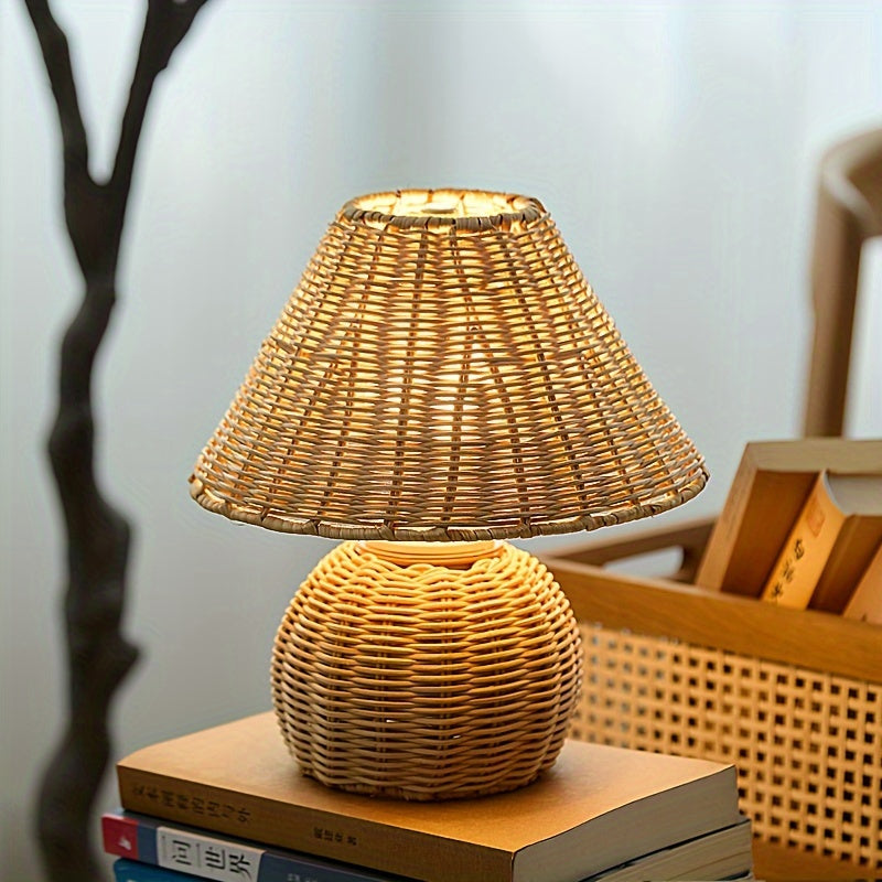 Ręcznie wyplatana rustykalna lampa stołowa z bambusowej plecionki w stylu zen boho
