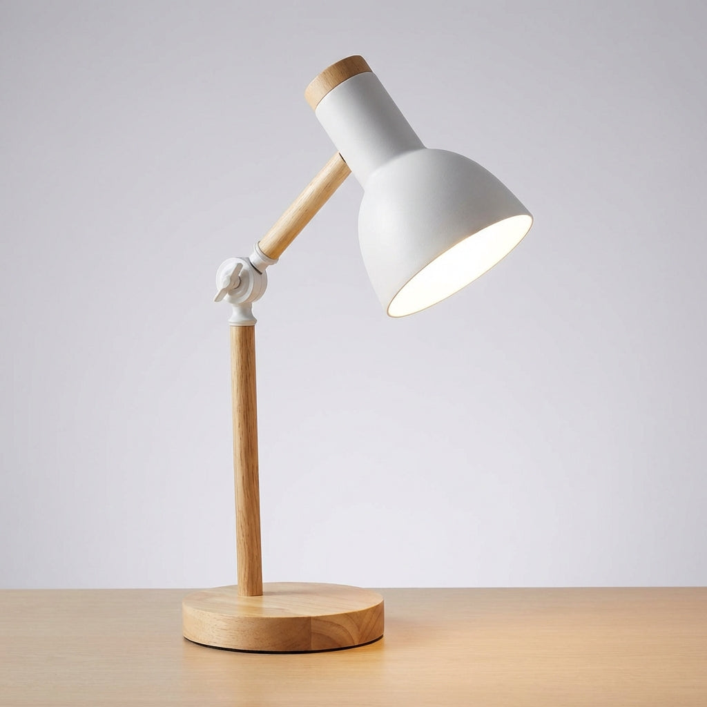 Skandynawska regulowana lampa stołowa do pracy z drewnianą i metalową półkopułą