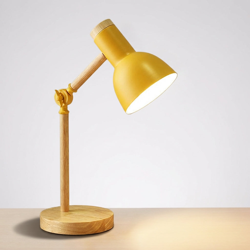 Skandynawska regulowana lampa stołowa do pracy z drewnianą i metalową półkopułą