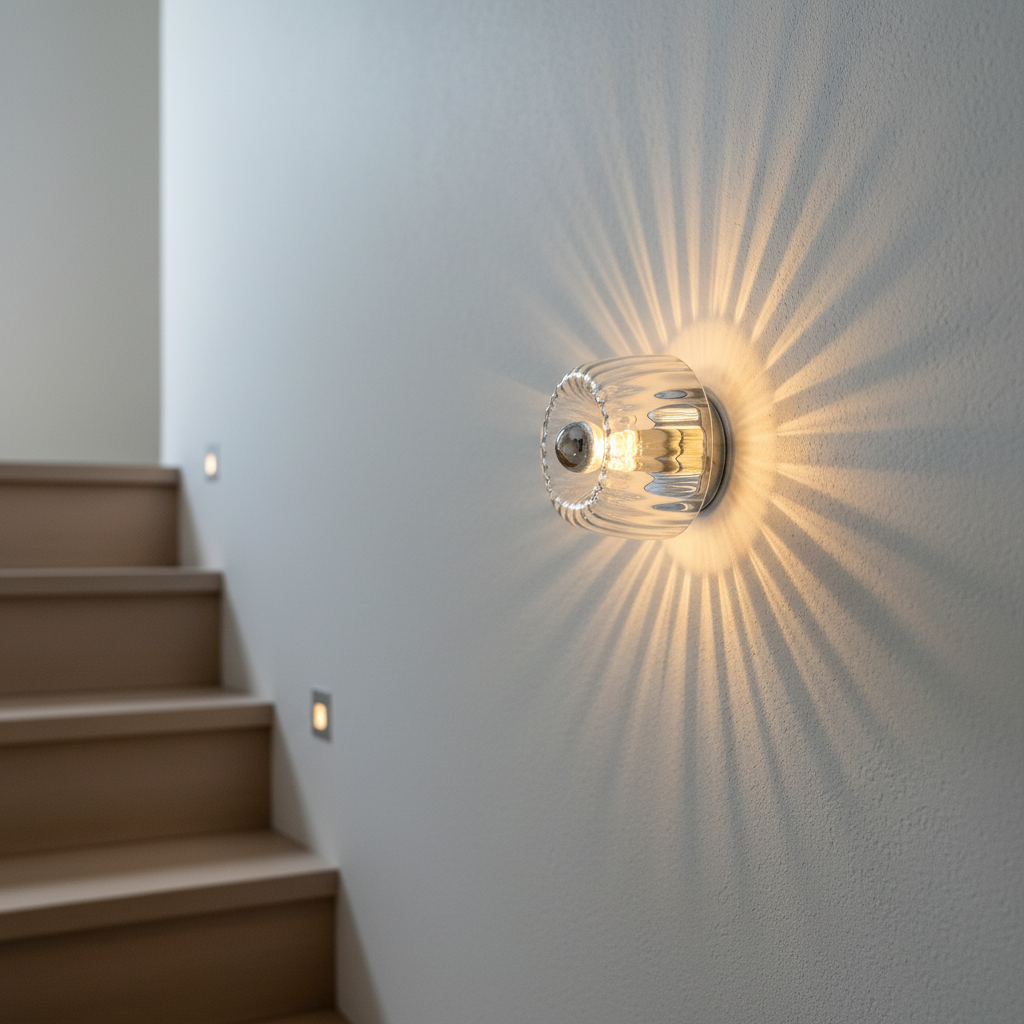 Lampa ścienna inspirowana stylem Bauhaus, z ryflowanym szklanym kloszem i metalowym uchwytem