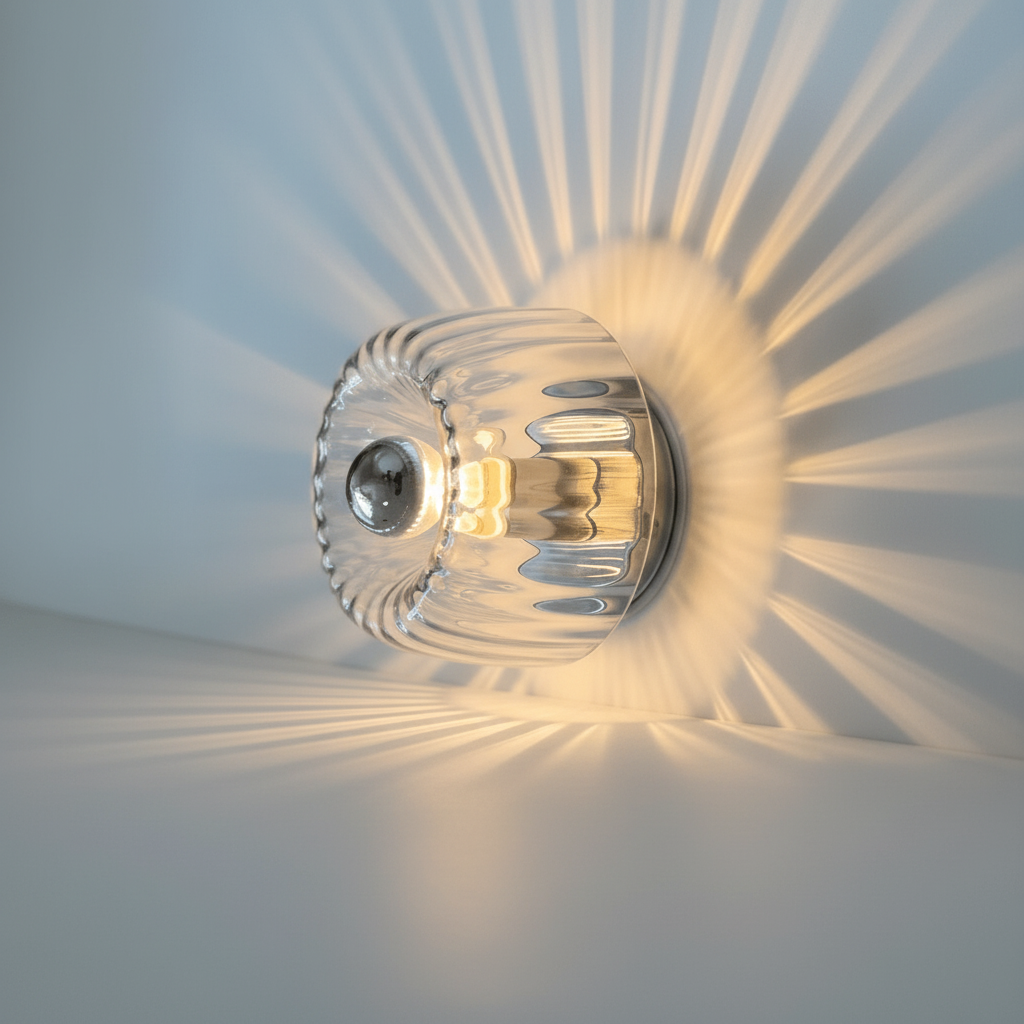 Lampa ścienna inspirowana stylem Bauhaus, z ryflowanym szklanym kloszem i metalowym uchwytem