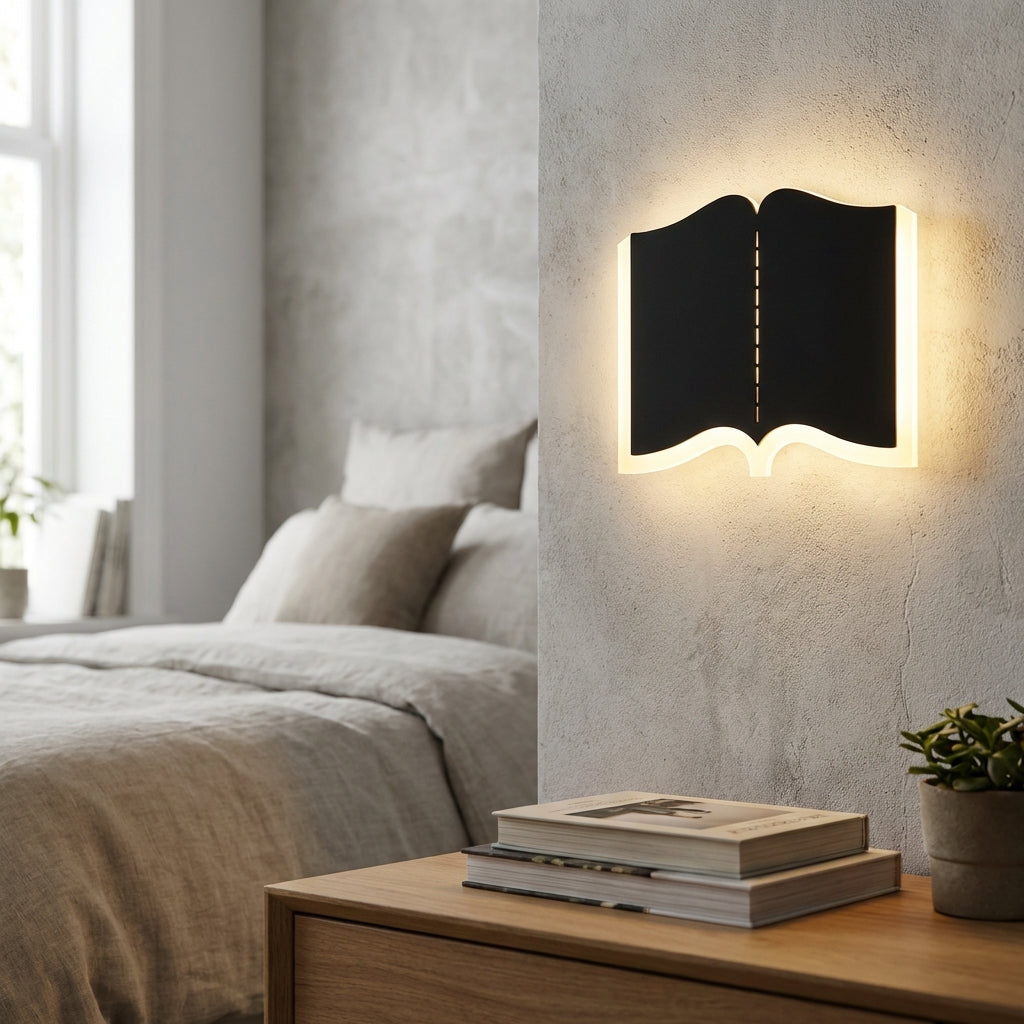 Rzeźbiarska żelazno-akrylowa lampa ścienna z sylwetką otwartej książki