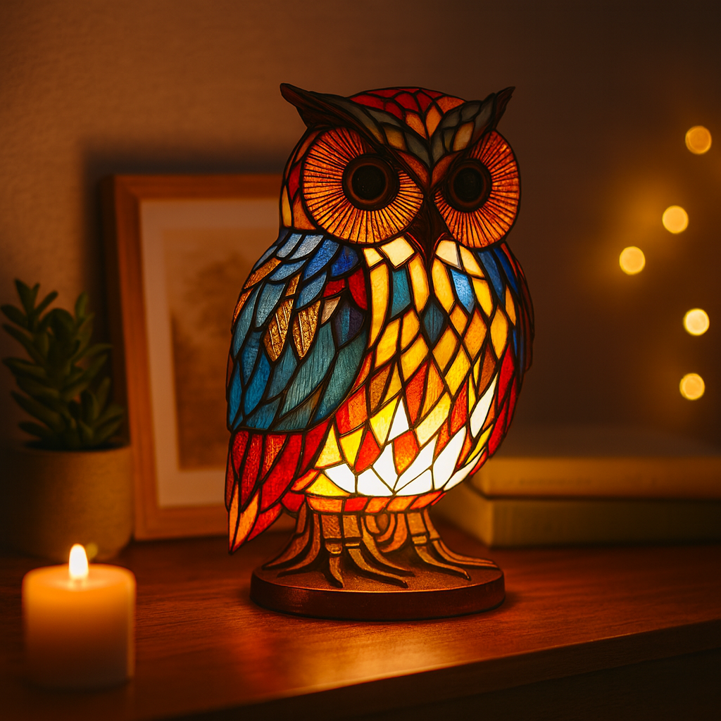 Żywiczna lampka stołowa z rzeźbą zwierzęcia w stylu witrażowej mozaiki