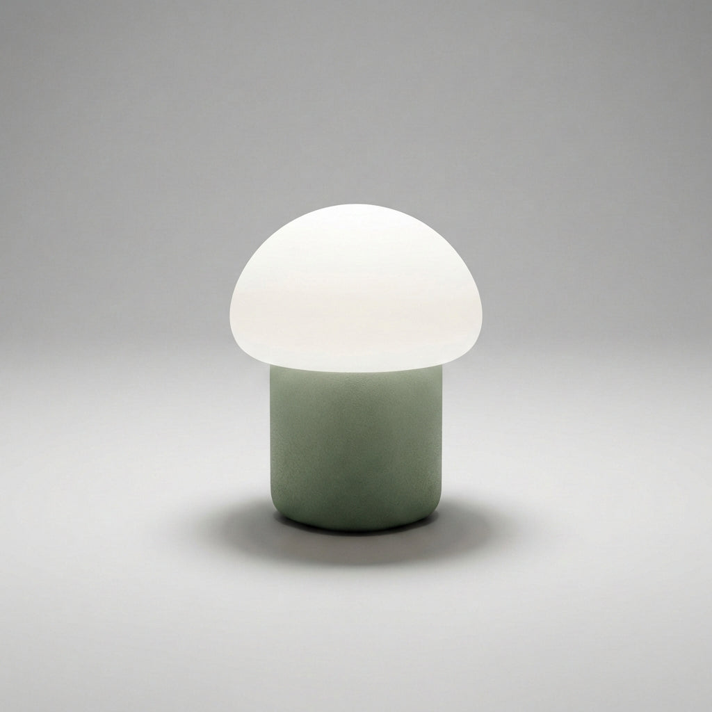 Minimalistyczna kompaktowa lampa stołowa z sylwetką grzyba i obciążoną podstawą