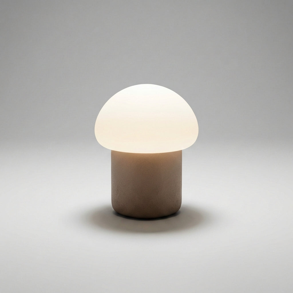 Minimalistyczna kompaktowa lampa stołowa z sylwetką grzyba i obciążoną podstawą