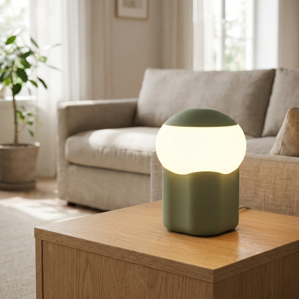 Minimalistyczna kompaktowa lampa stołowa z sylwetką grzyba i obciążoną podstawą