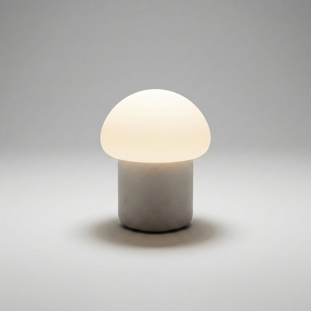 Minimalistyczna kompaktowa lampa stołowa z sylwetką grzyba i obciążoną podstawą