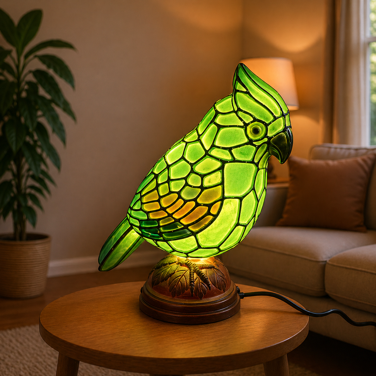 Lampa stołowa z artystycznego szkła z rzeźbą kardynała