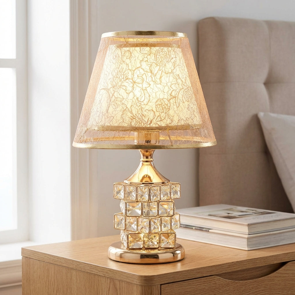 Warstwowa lampa stołowa z kryształowym akcentem, regulowanym światłem w dwóch strefach