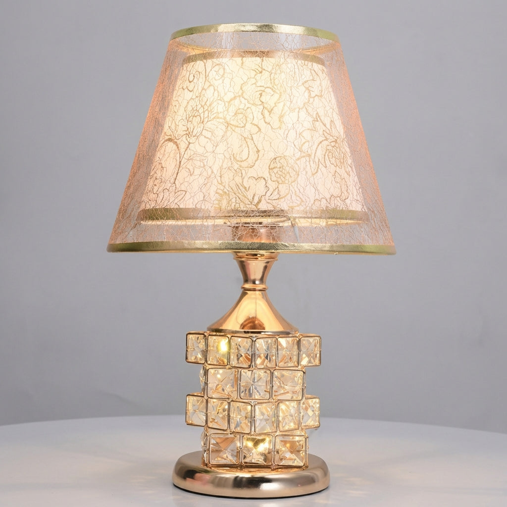 Warstwowa lampa stołowa z kryształowym akcentem, regulowanym światłem w dwóch strefach