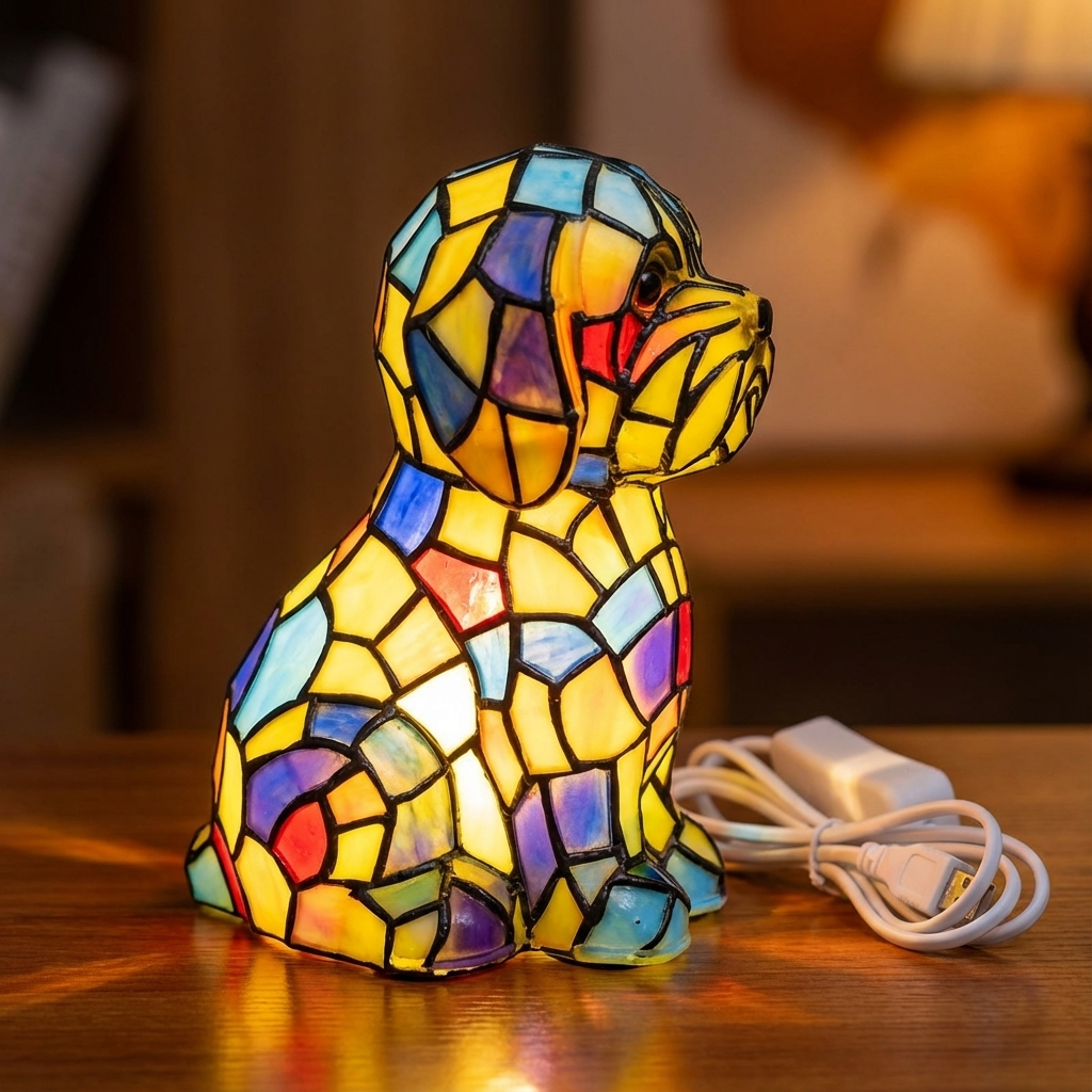 Nowoczesna rzeźbiona lampa stołowa z figurką z żywicy, nastrojowym oświetleniem i witrażowym kloszem, na stolik nocny