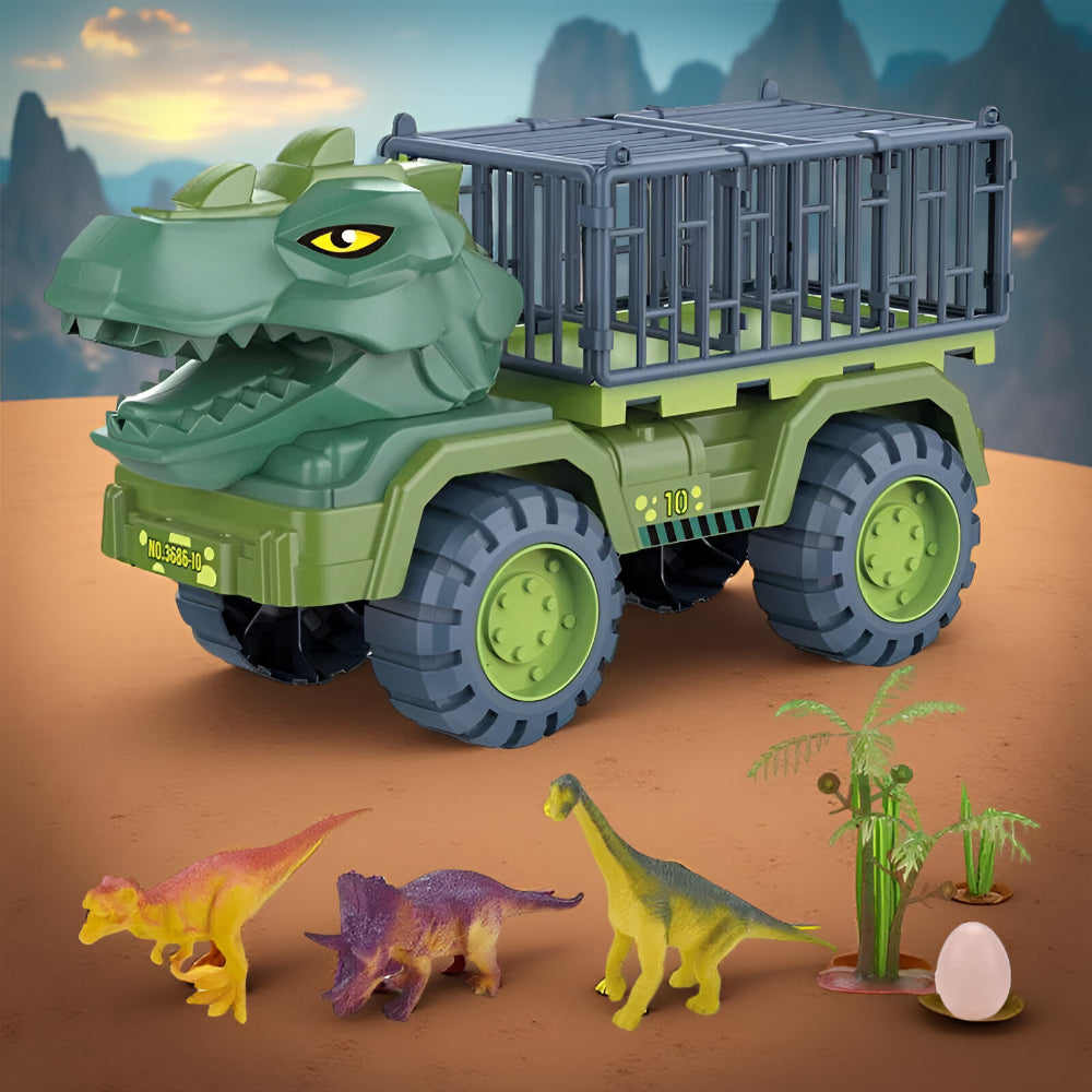 Zestaw zabawkowy z figurką dinozaura i ciężarówką do transportu w prehistorycznej klatce