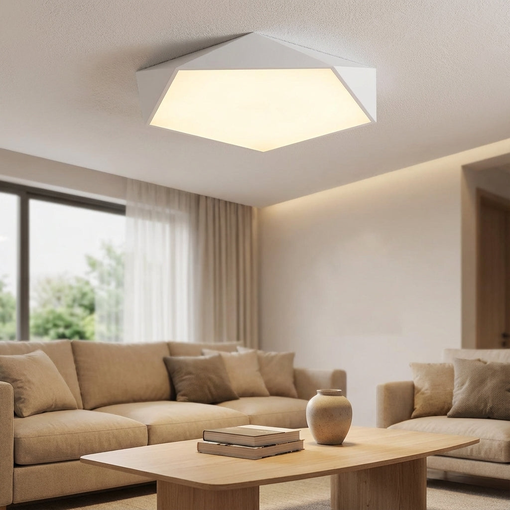 Geometryczna żelazna sufitowa lampa z akrylowym kloszem w kształcie pięciokąta