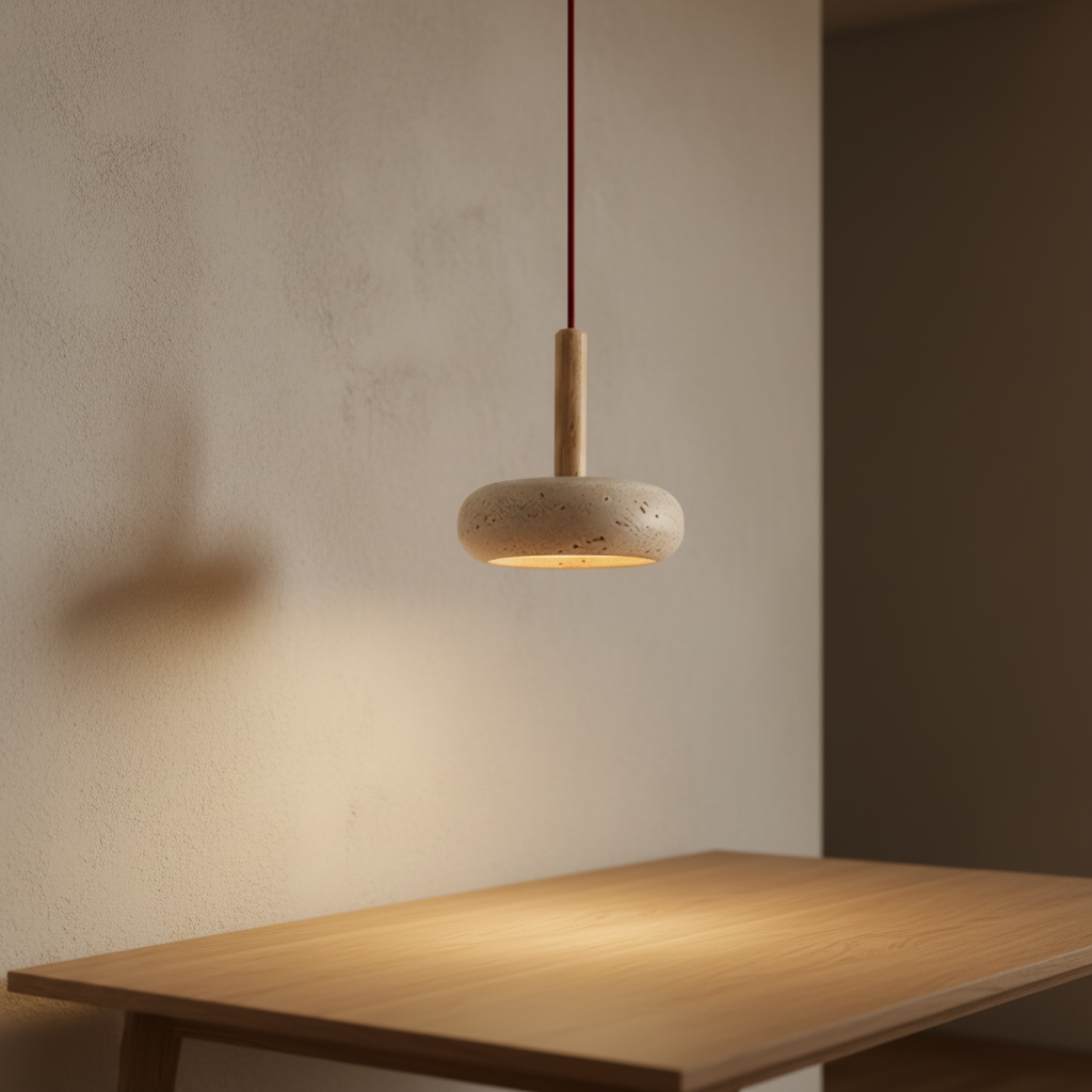 Lampa wisząca z drewna i organicznego żółtego kamienia przypominającego jaskinię